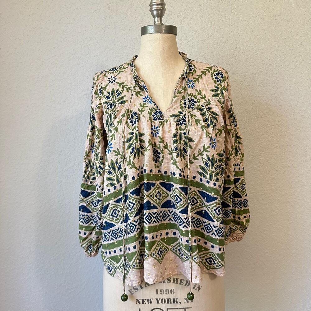 FARM RIO Top Green Pink Geometric Metallic Blouse Bohemian Peasant